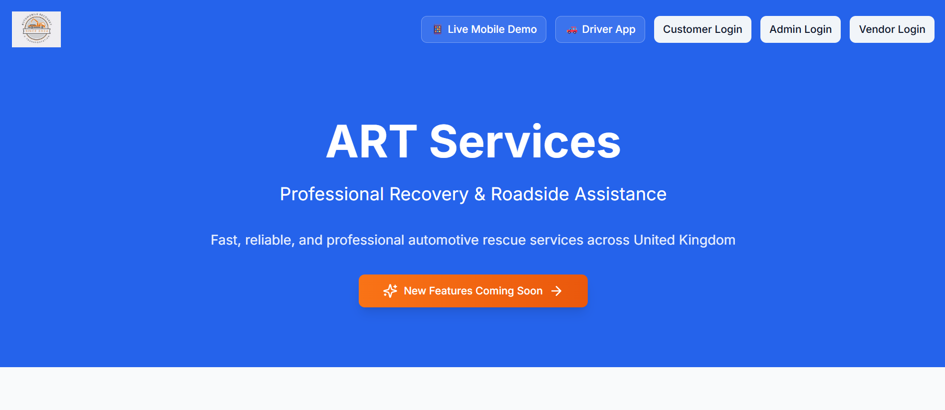 ART Services platform landing page — Professional Recovery & Roadside Assistance